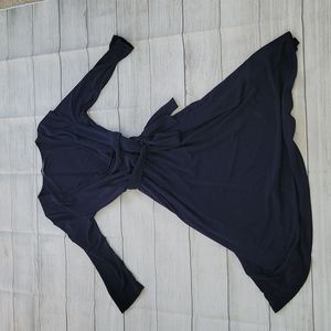 Cross Front Navy Blue Dress with 3/4 Sleeve and Tie Waist